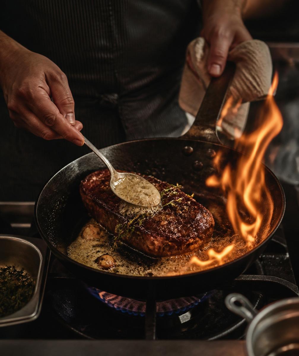 Chef basting a steak with butter over open flame